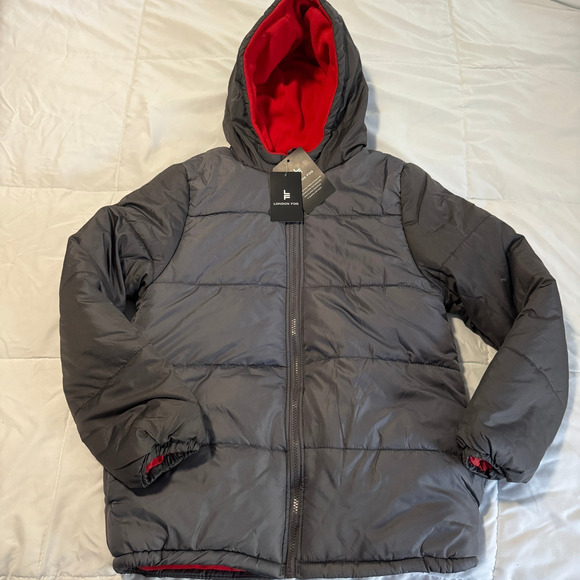 NWT London Fog Boys Dark Grey Hooded Puffer Jacket Winter Coat Sz XXL (14/16) - Picture 1 of 5